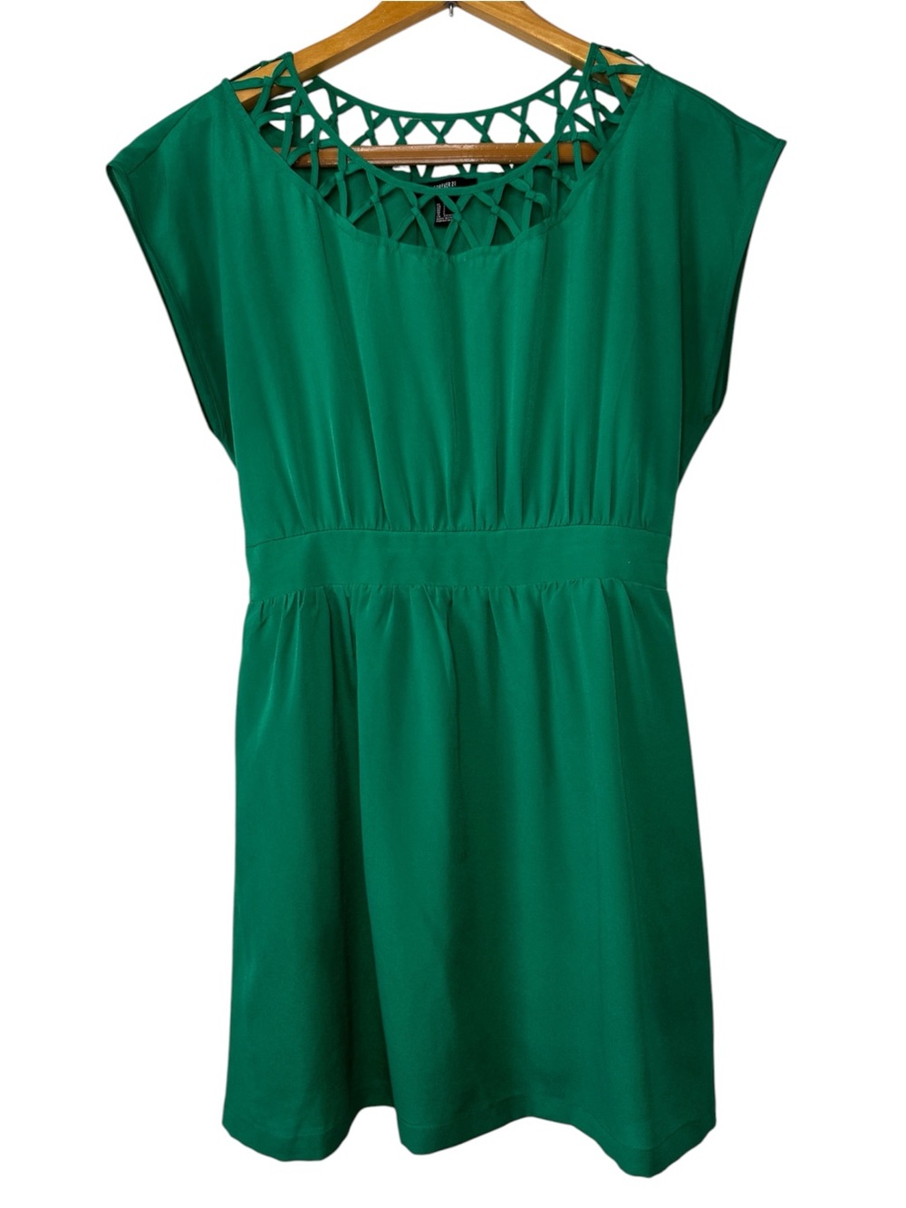 Forever 21 Women's Short Sleeves‎ Lattice Neckline Dress Size L Green Office